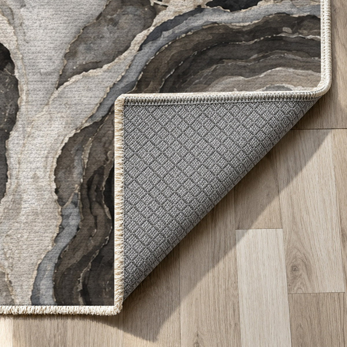 Agate Windows Charcoal Abstract Washable Rug — backing close up
