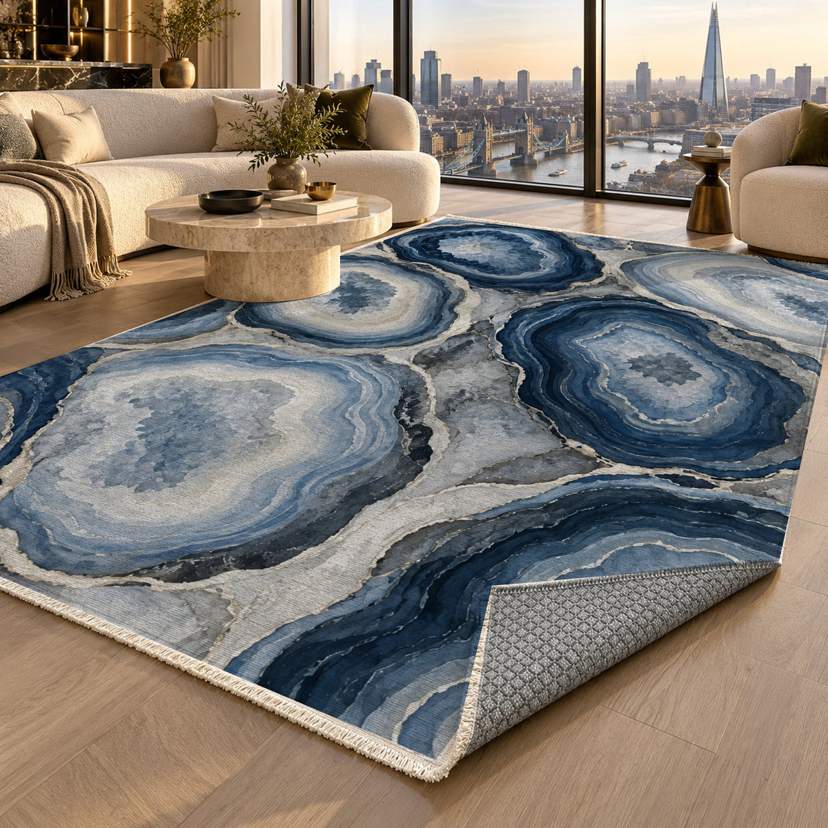 Agate Windows Indigo Abstract Washable Rug — london luxury living