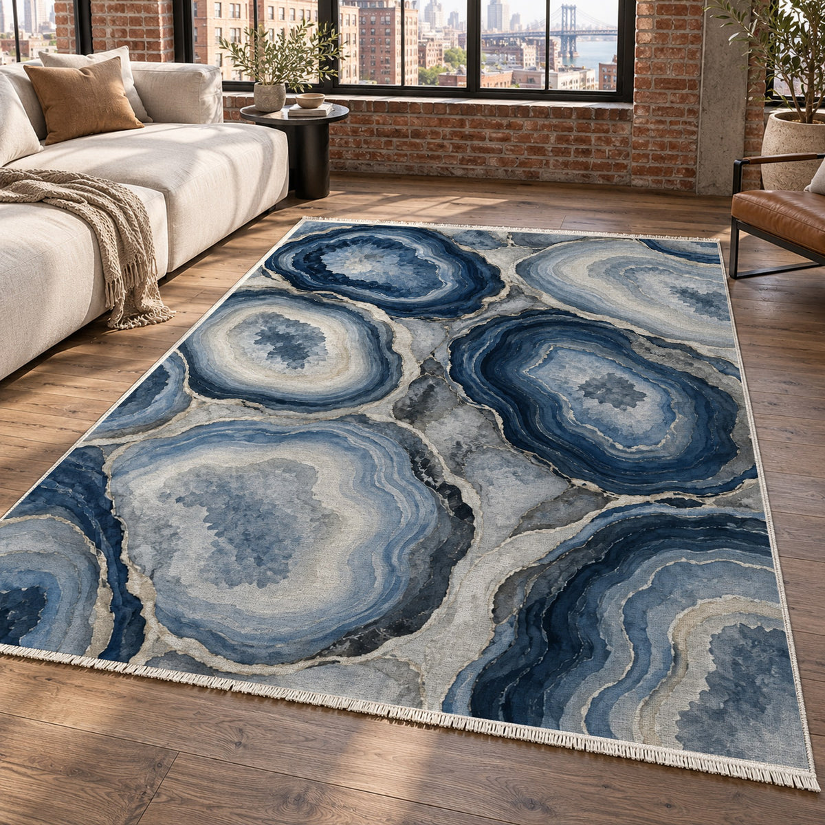 Agate Windows Indigo Abstract Washable Rug — new york living