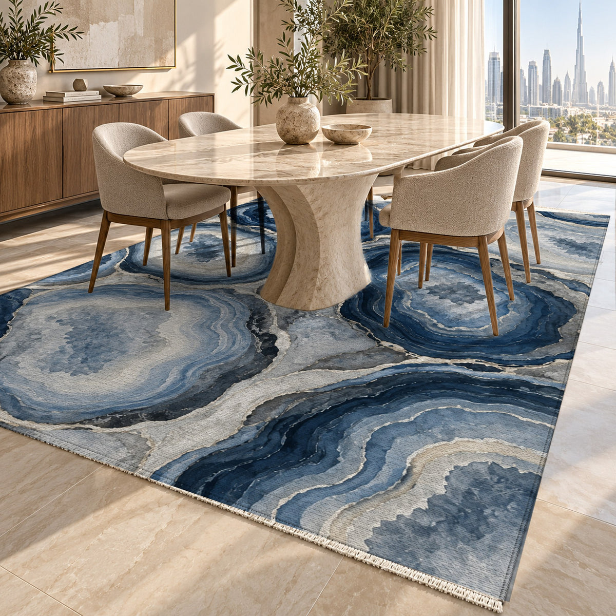 Agate Windows Indigo Abstract Washable Rug — dubai dining