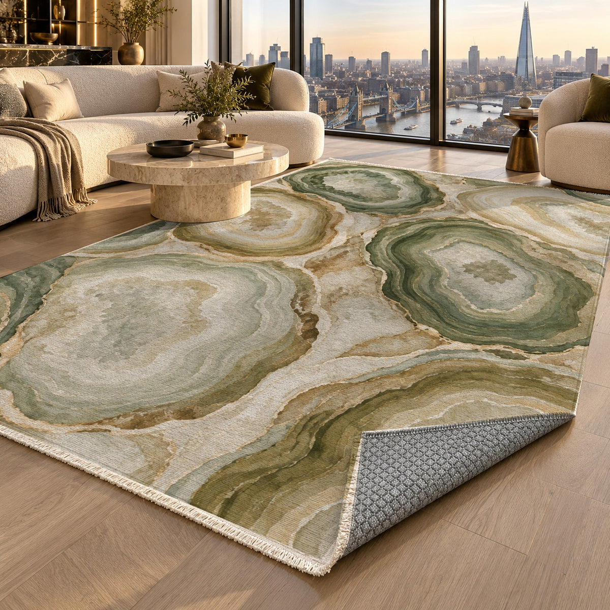 Agate Windows Sage Abstract Washable Rug — london luxury living