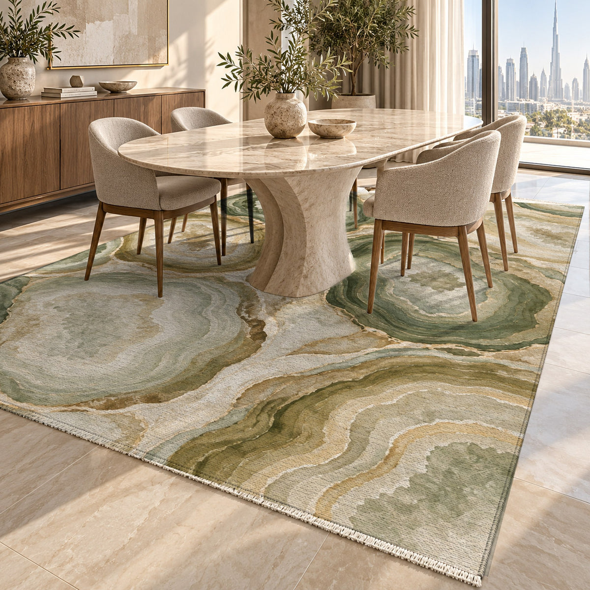 Agate Windows Sage Abstract Washable Rug — dubai dining