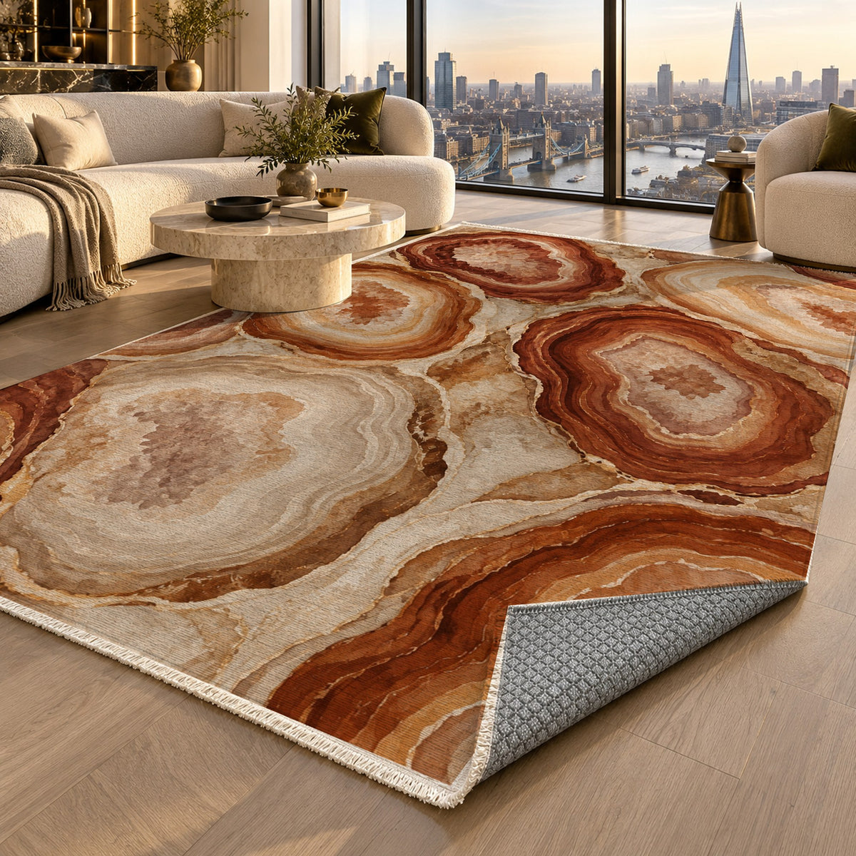 Agate Windows Terracotta Abstract Washable Rug — london luxury living