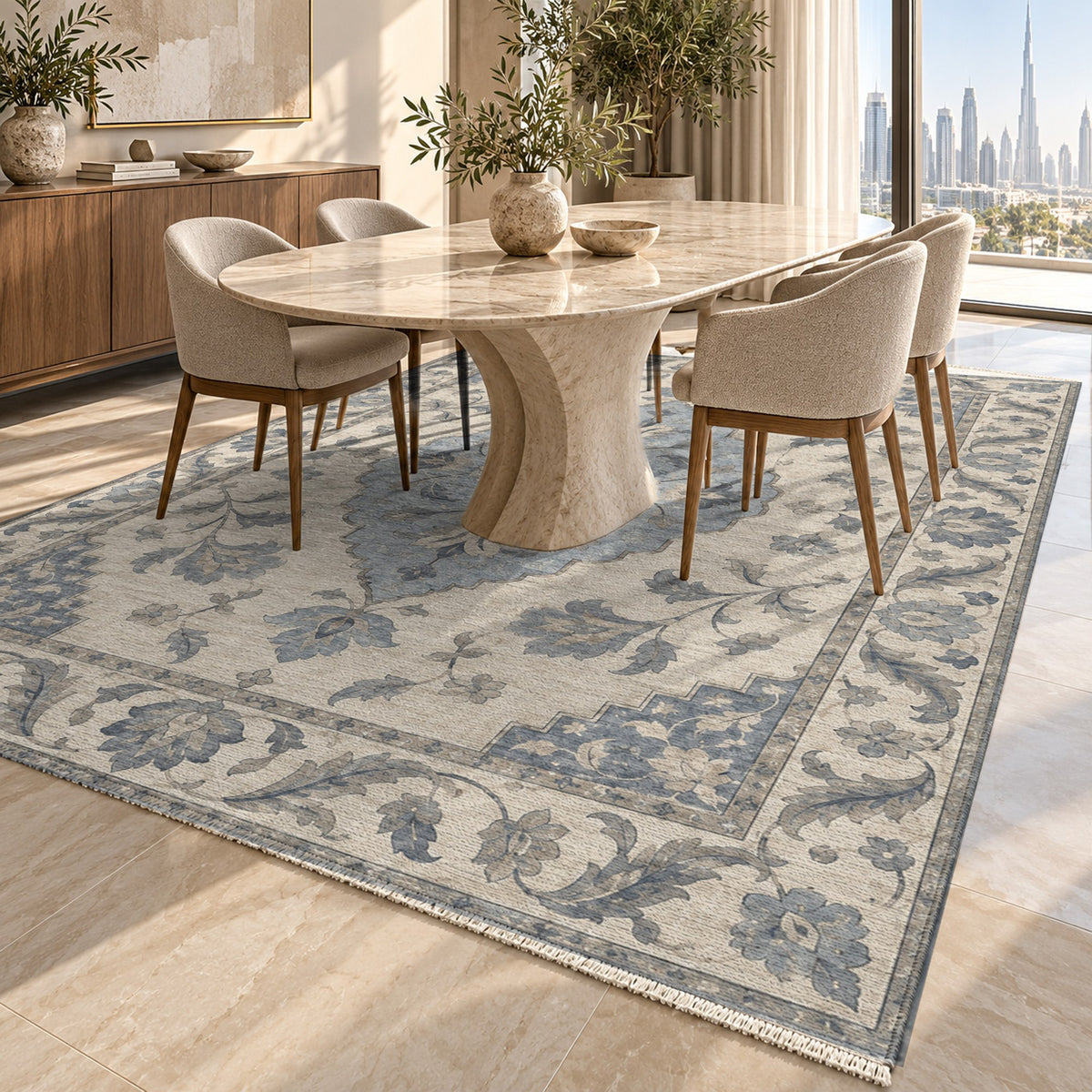 Amber Medallion Blue Ivory Classic Washable Rug — dubai dining