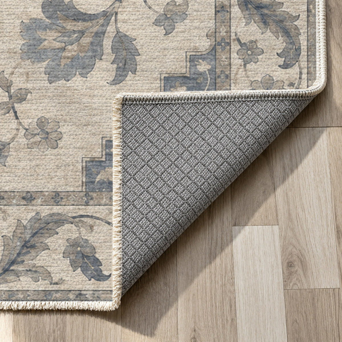 Amber Medallion Blue Ivory Classic Washable Rug — backing close up
