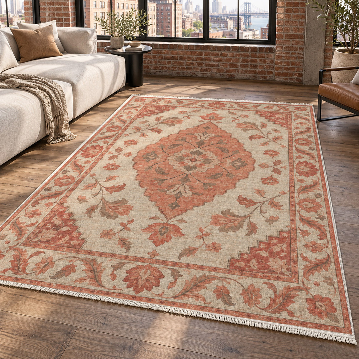 Amber Medallion Coral Sand Classic Washable Rug — new york living