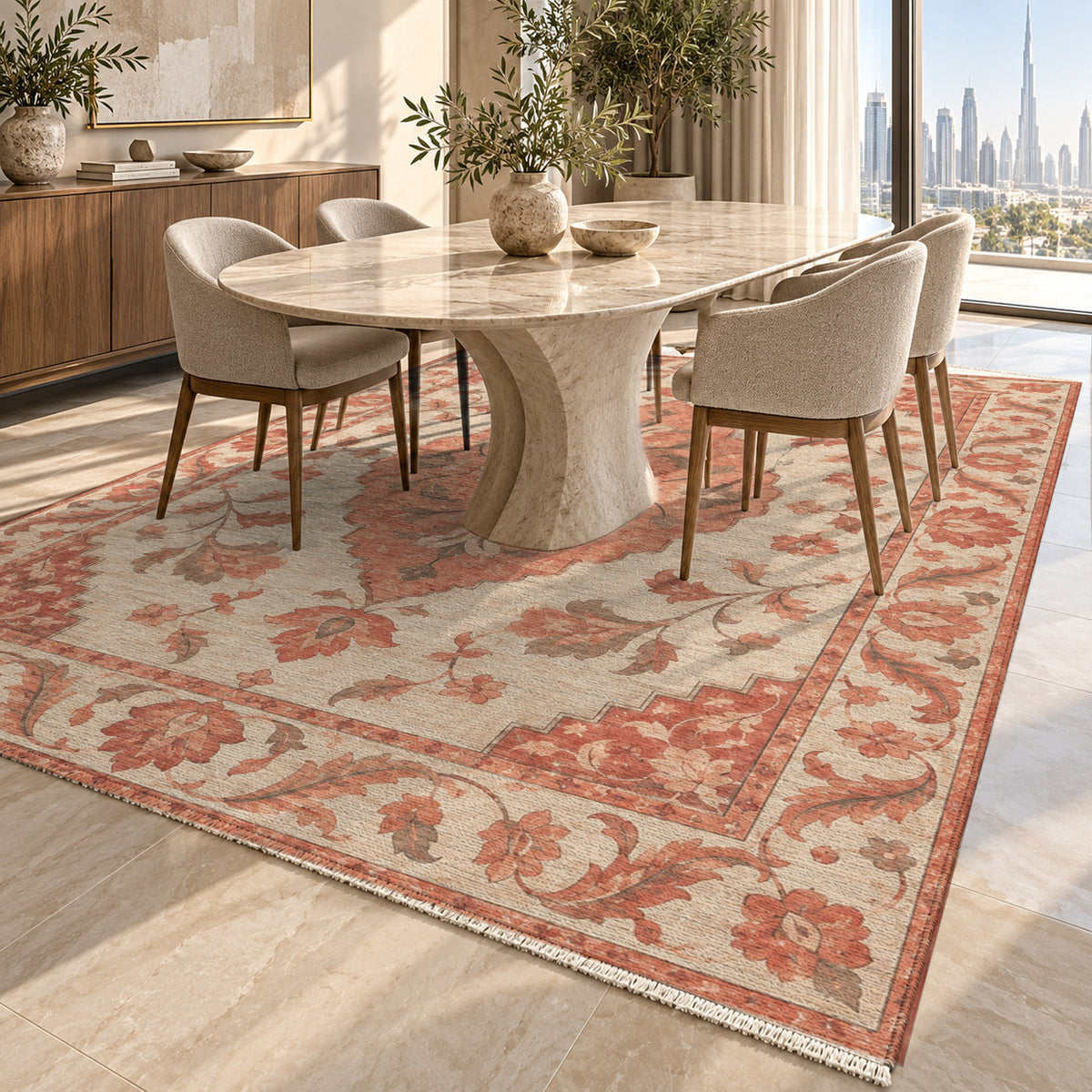 Amber Medallion Coral Sand Classic Washable Rug — dubai dining