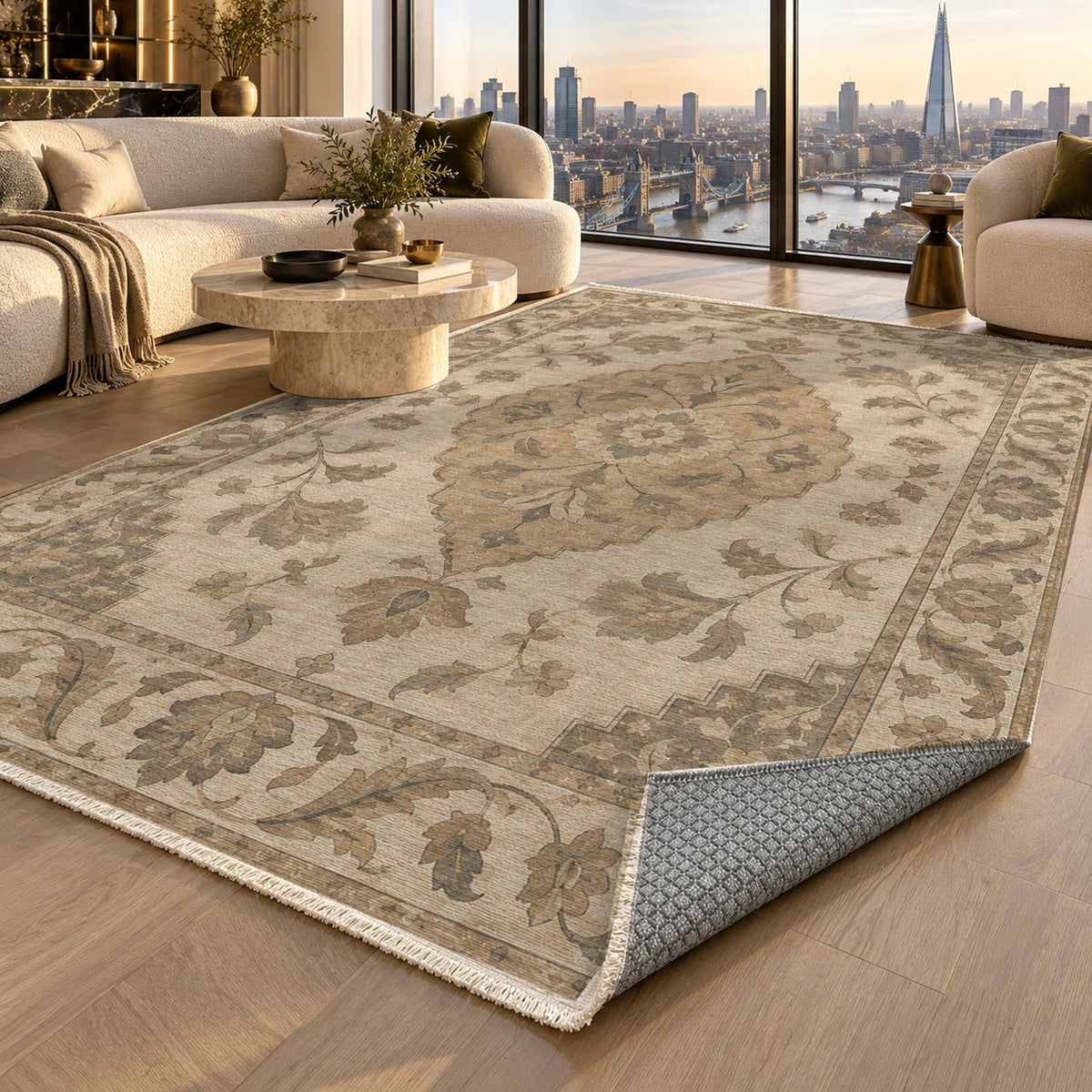 Amber Medallion Ivory Taupe Classic Washable Rug — london luxury living