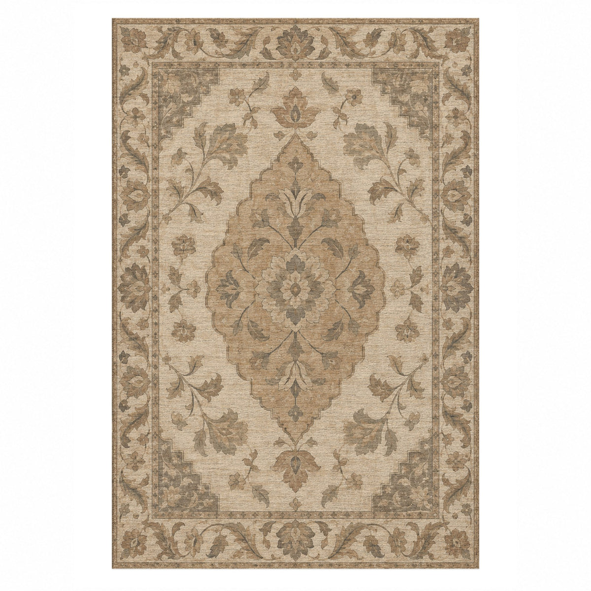 Amber Medallion Ivory Taupe Classic Washable Rug — top view
