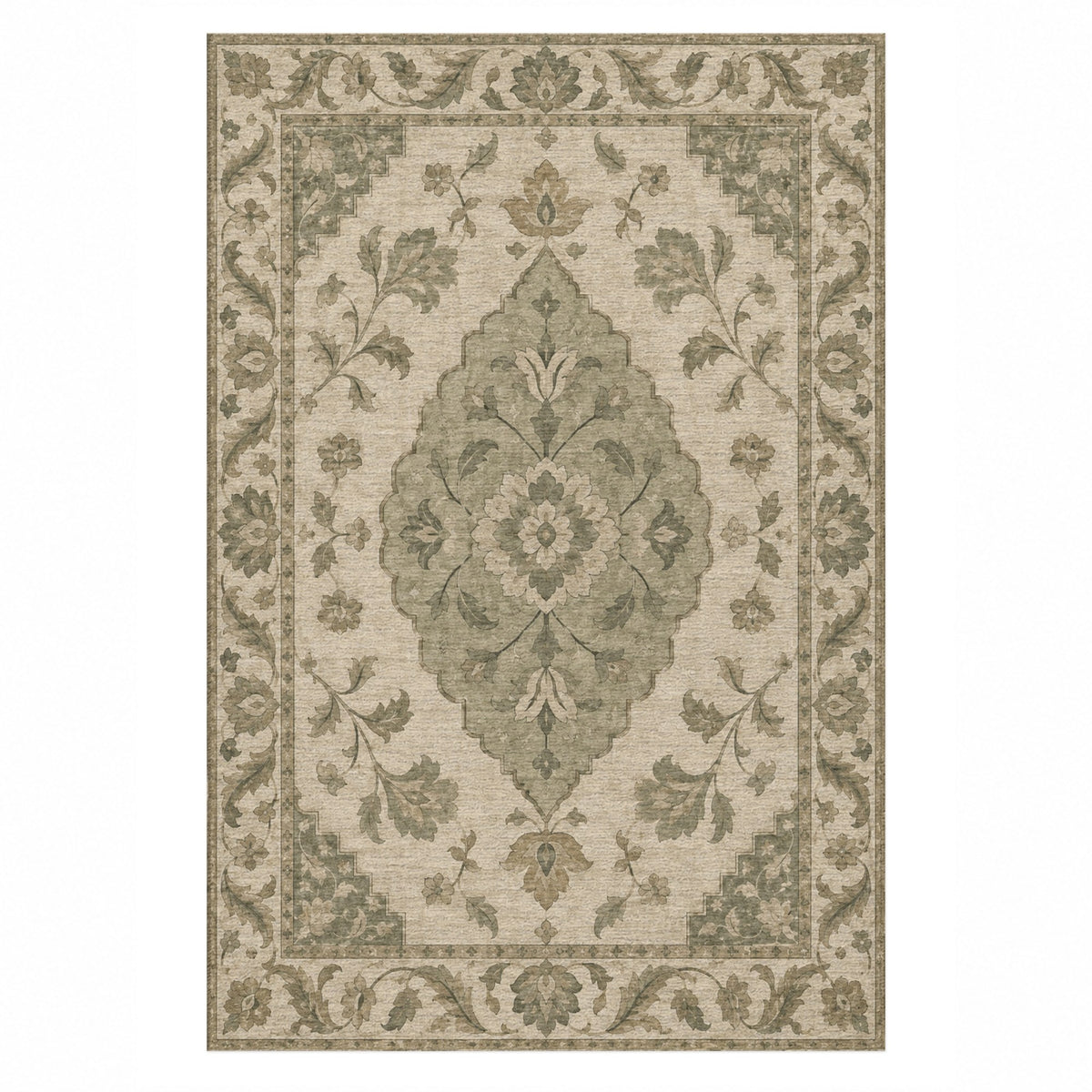 Amber Medallion Sage Cream Classic Washable Rug — top view