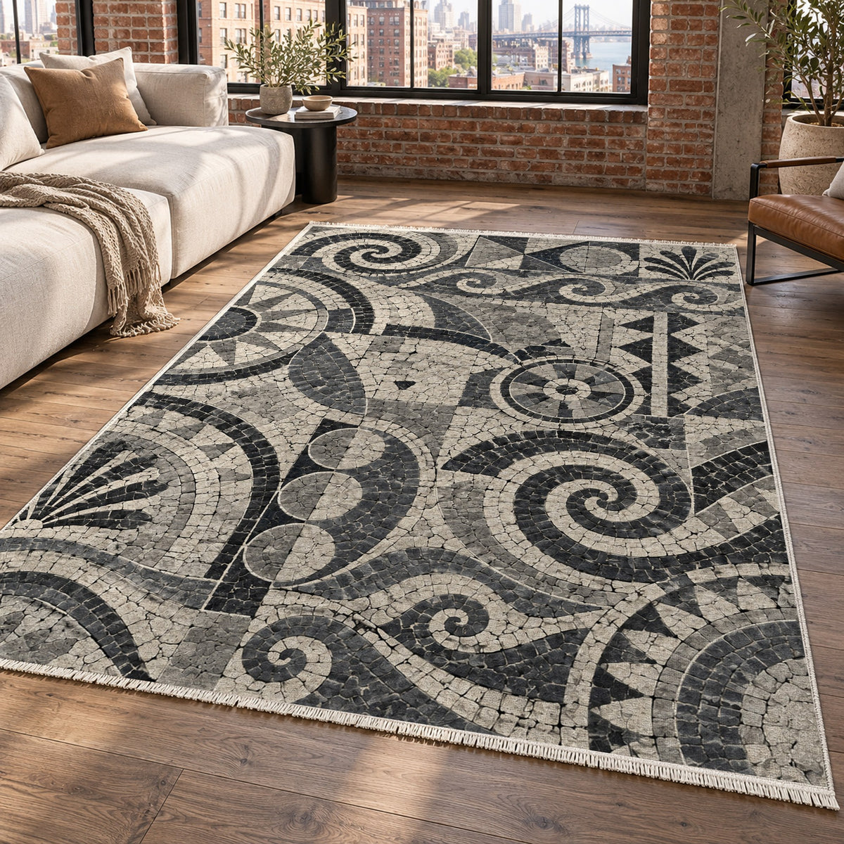 Ancient Mosaic Charcoal Geometric Washable Rug — new york living