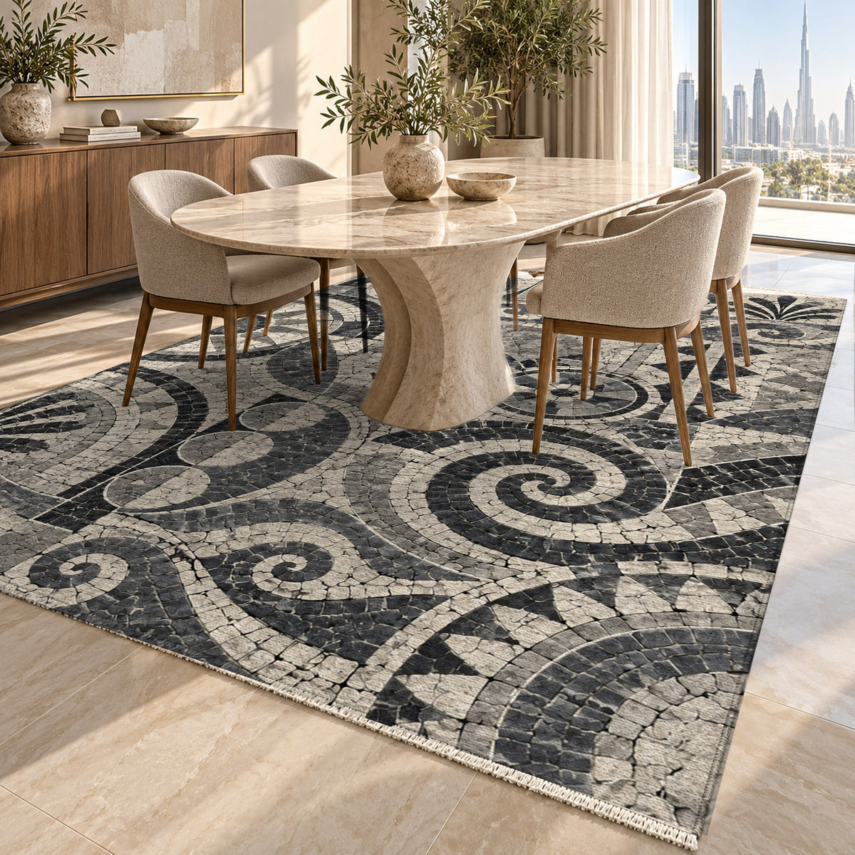 Ancient Mosaic Charcoal Geometric Washable Rug — dubai dining