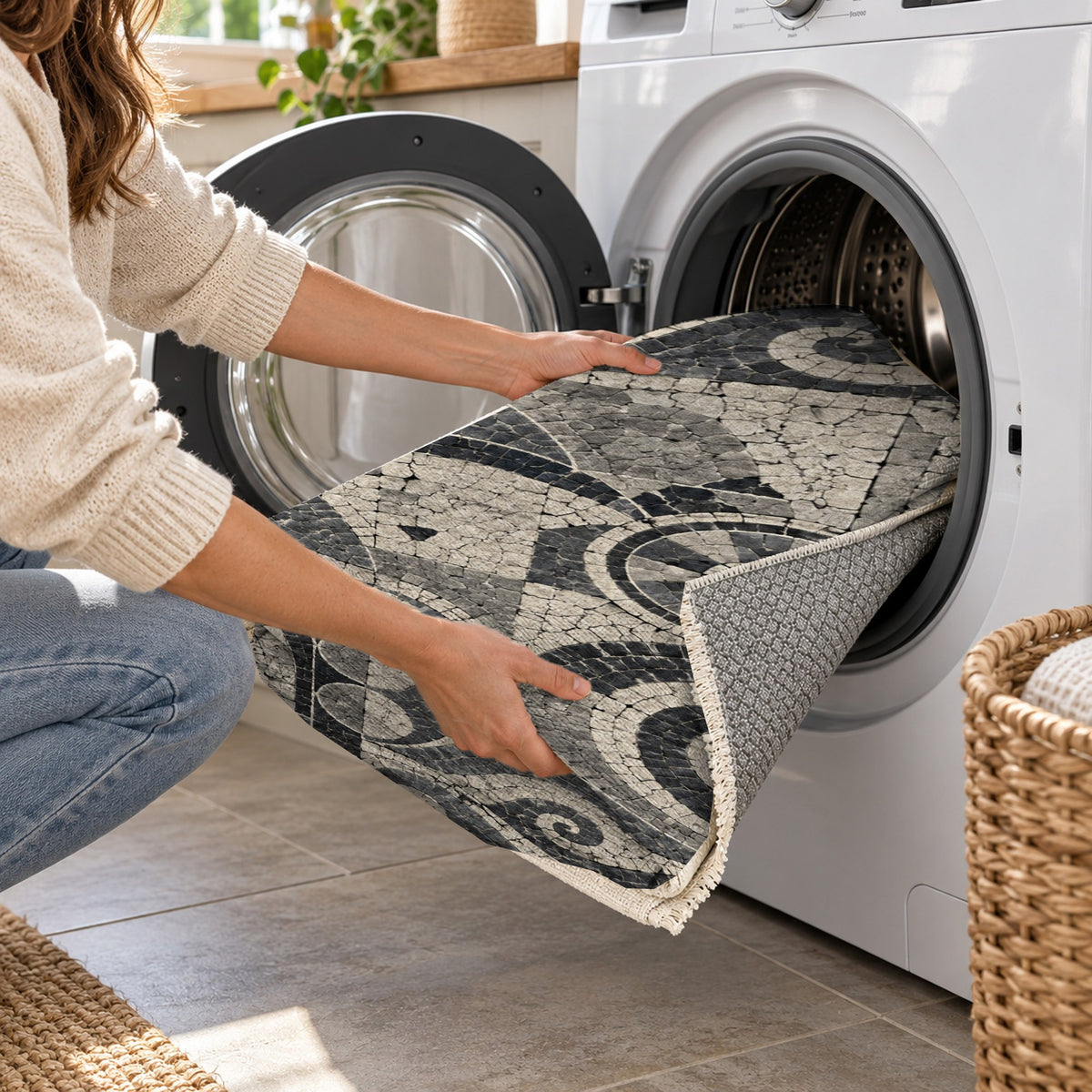 Ancient Mosaic Charcoal Geometric Washable Rug — washing machine