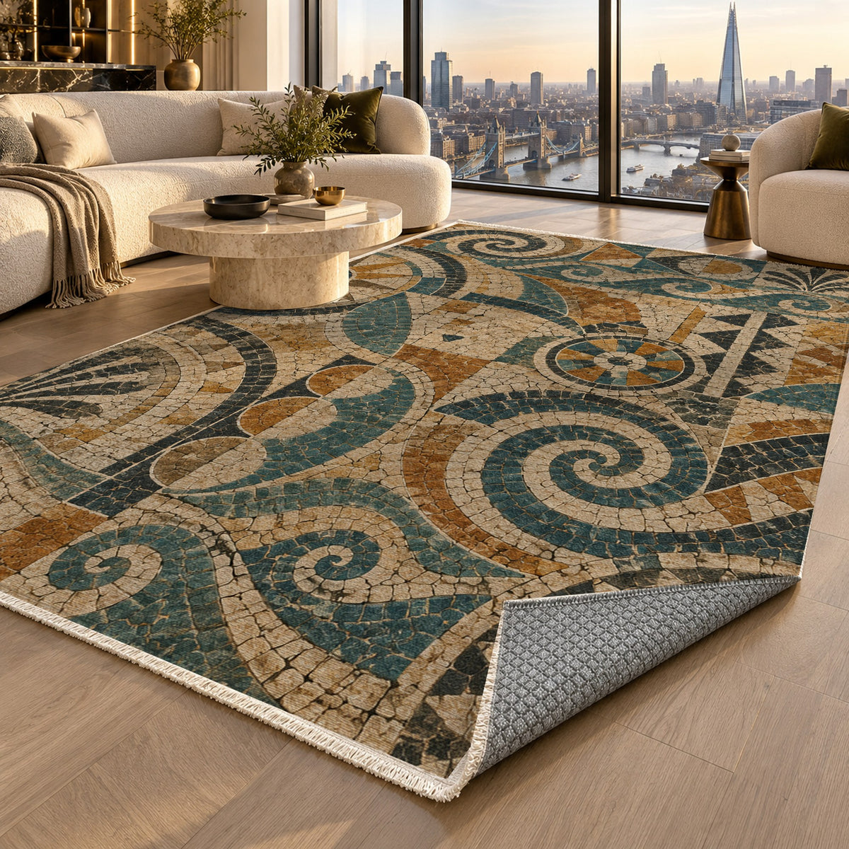 Ancient Mosaic II Geometric Washable Rug — london luxury living