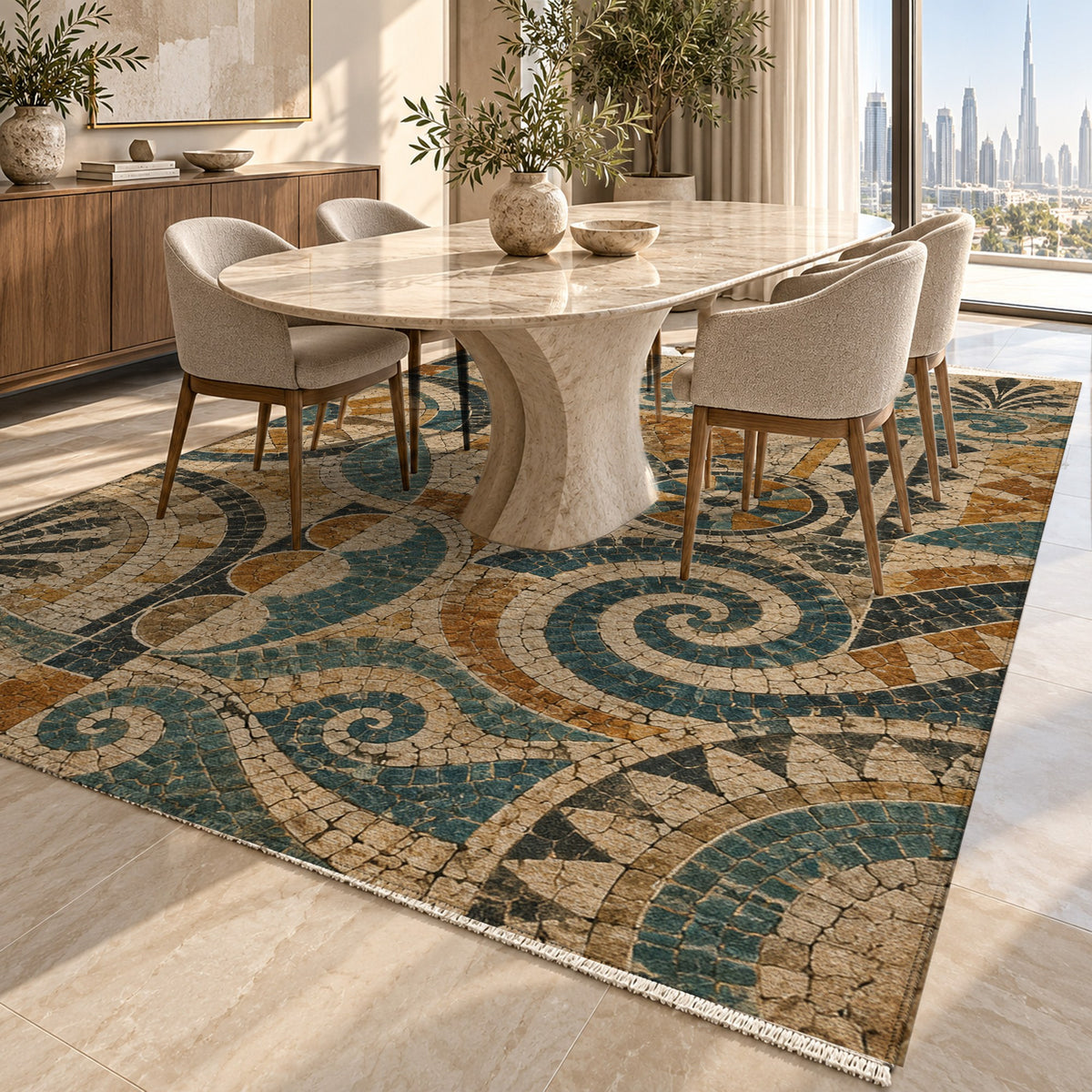 Ancient Mosaic II Geometric Washable Rug — dubai dining