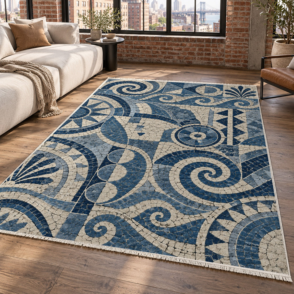 Ancient Mosaic Indigo Geometric Washable Rug — new york living