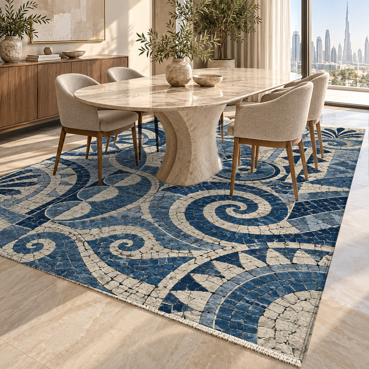 Ancient Mosaic Indigo Geometric Washable Rug — dubai dining