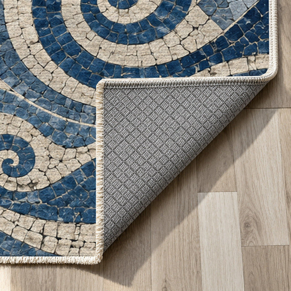 Ancient Mosaic Indigo Geometric Washable Rug — backing close up