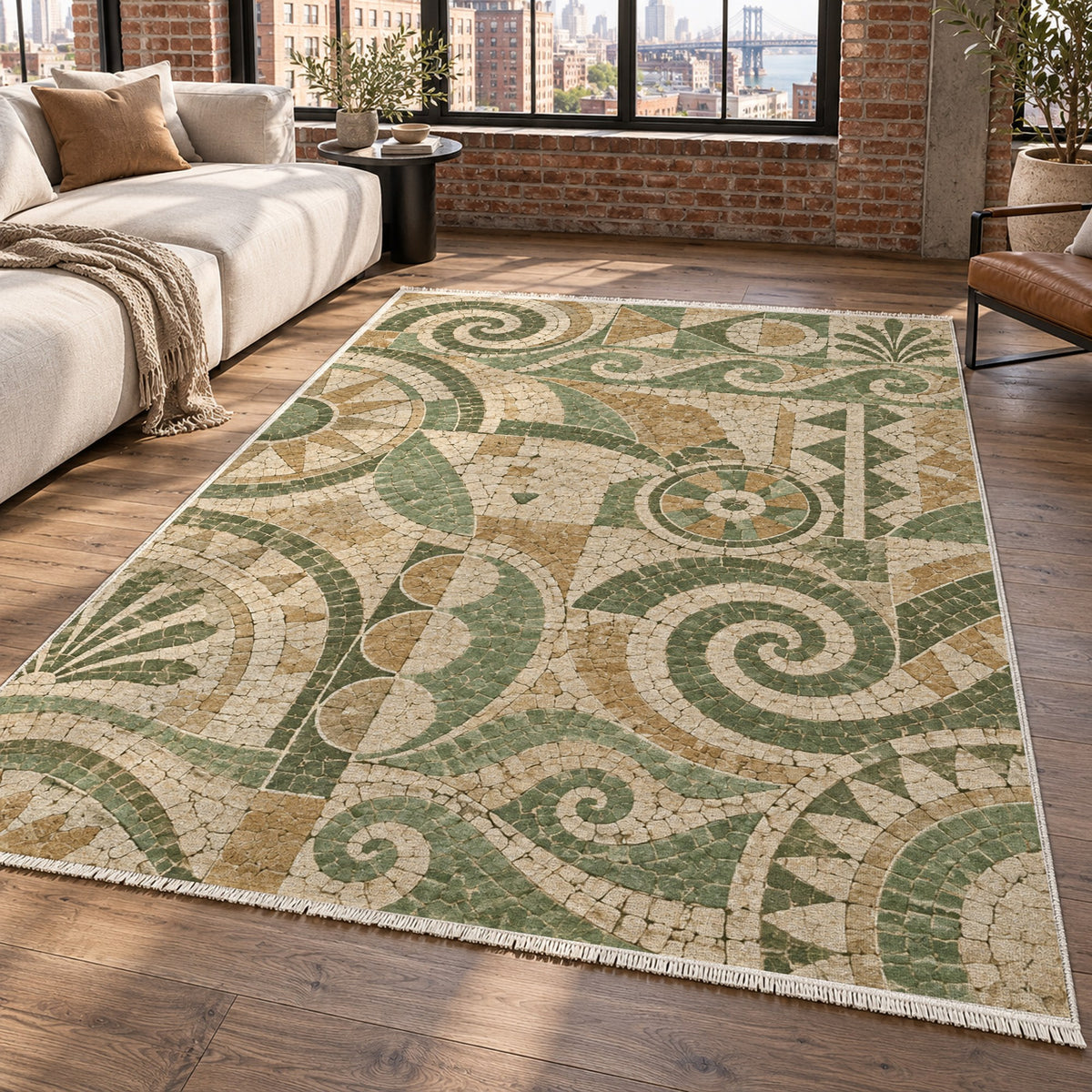 Ancient Mosaic Sage Geometric Washable Rug — new york living