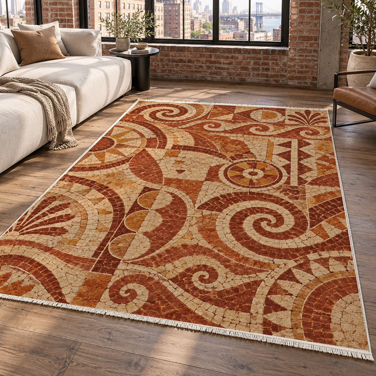 Ancient Mosaic Terracotta Geometric Washable Rug — new york living
