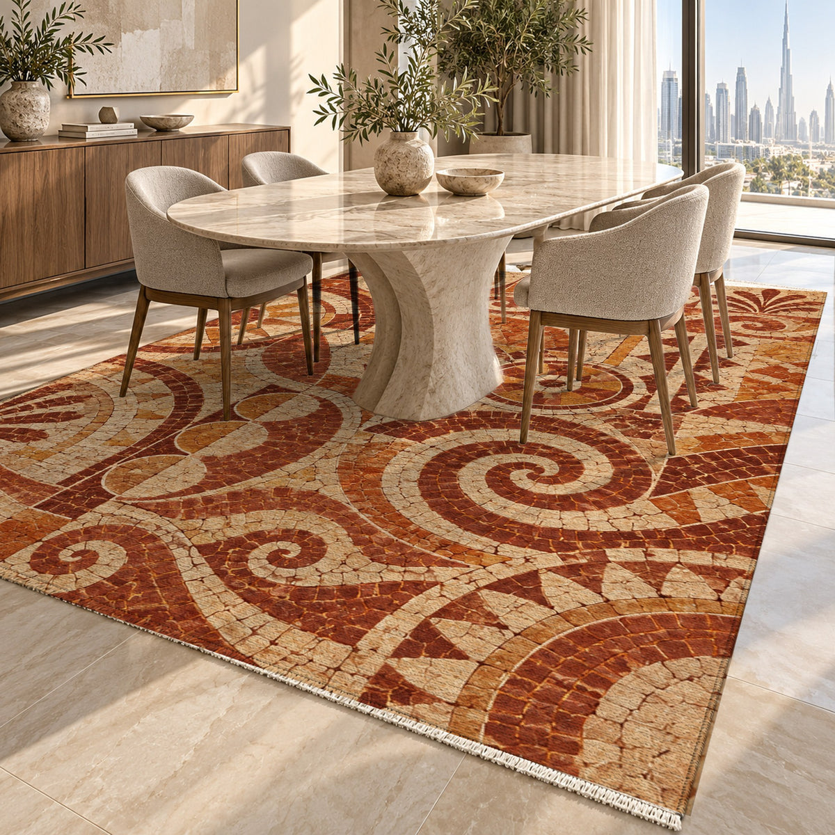 Ancient Mosaic Terracotta Geometric Washable Rug — dubai dining