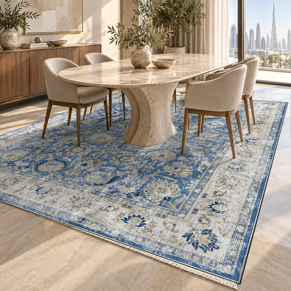 Antique Wash Blue Vintage Washable Rug — dubai dining
