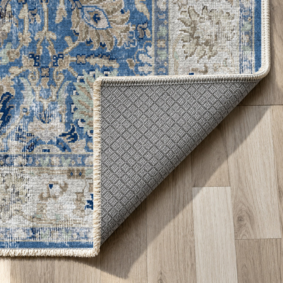Antique Wash Blue Vintage Washable Rug — backing close up