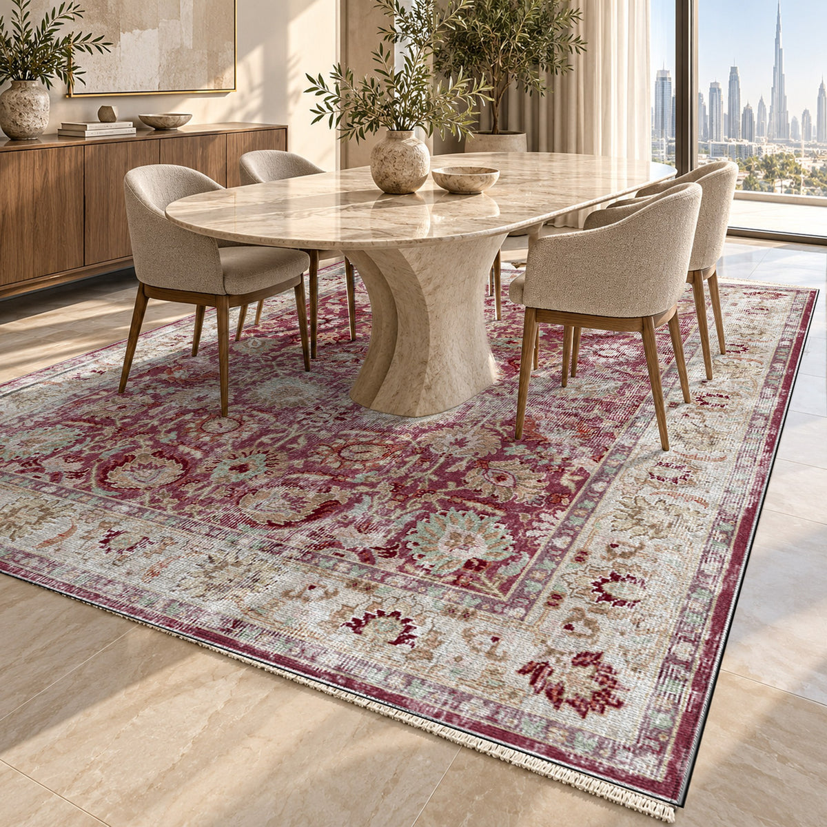 Antique Wash Burgundy Red Vintage Washable Rug — dubai dining