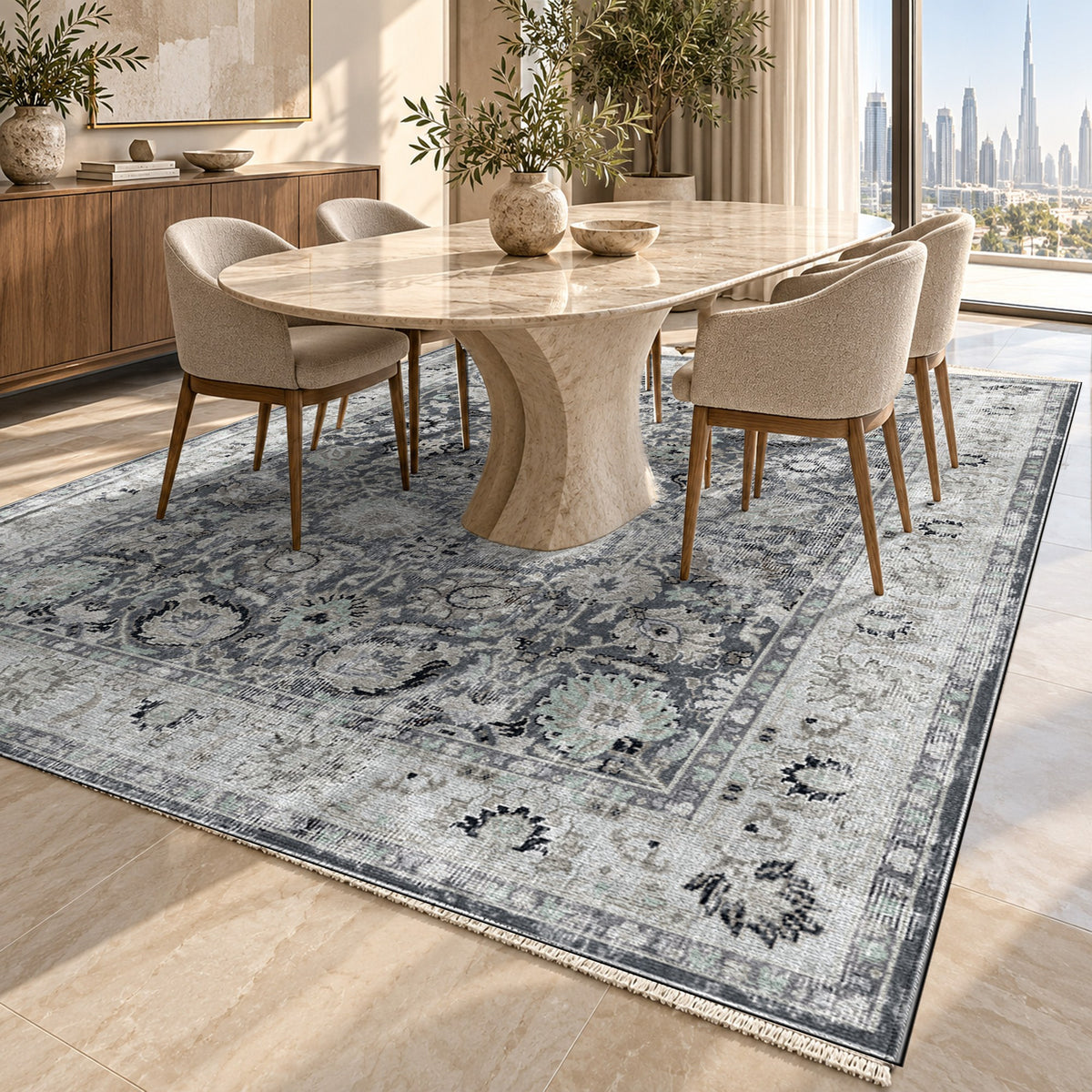 Antique Wash Charcoal Vintage Washable Rug — dubai dining