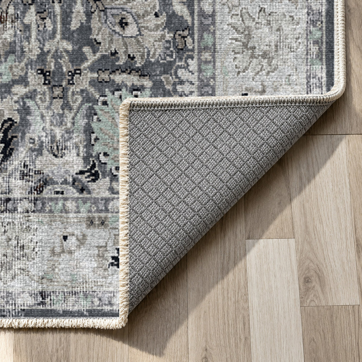 Antique Wash Charcoal Vintage Washable Rug — backing close up