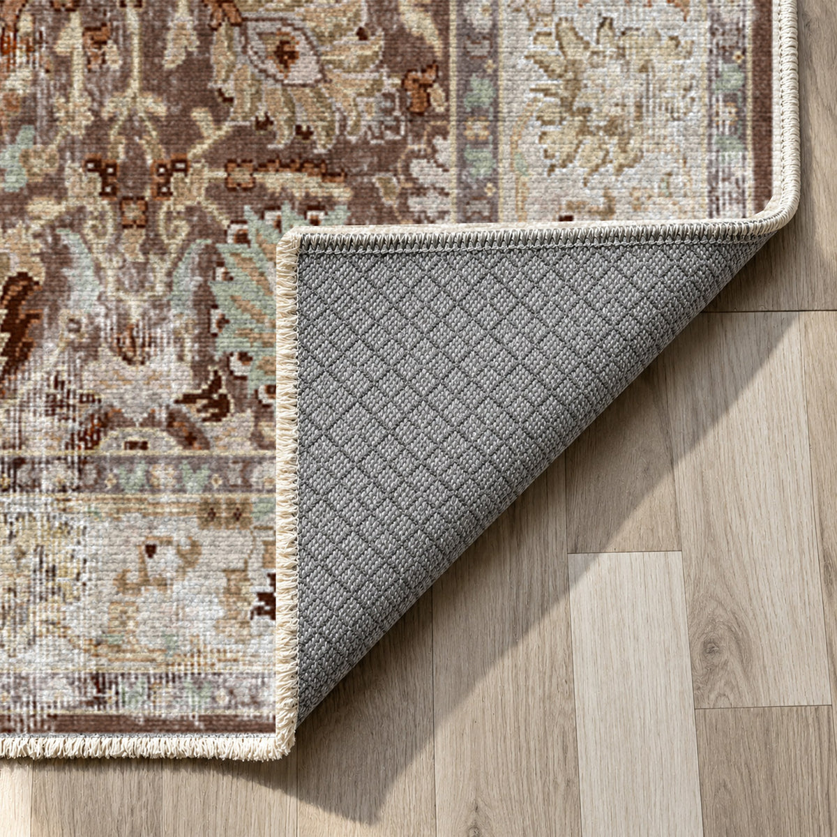 Antique Wash Chocolate Vintage Washable Rug — backing close up