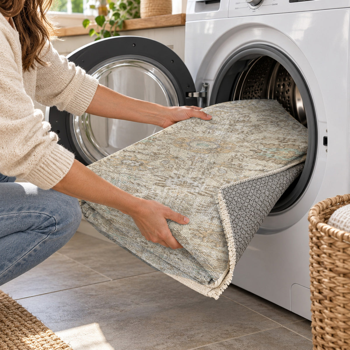 Antique Wash Cream Vintage Washable Rug — washing machine