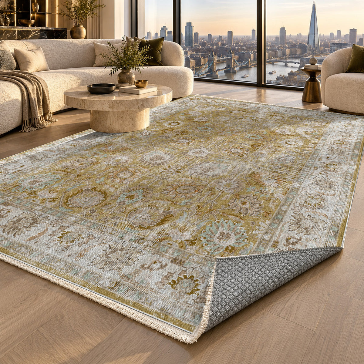 Antique Wash Muted Gold Vintage Washable Rug — london luxury living