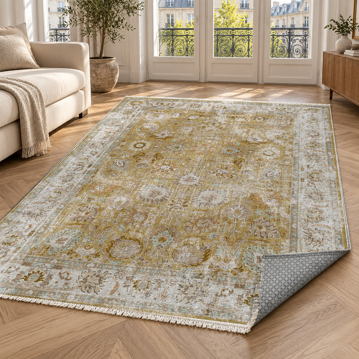Antique Wash Muted Gold Vintage Washable Rug — paris living