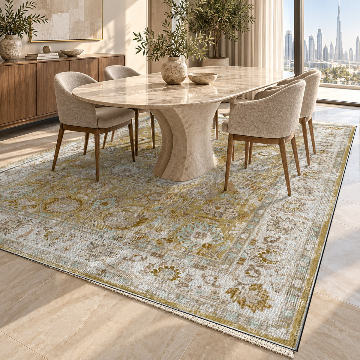 Antique Wash Muted Gold Vintage Washable Rug — dubai dining