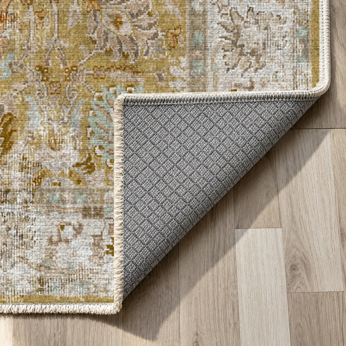 Antique Wash Muted Gold Vintage Washable Rug — backing close up