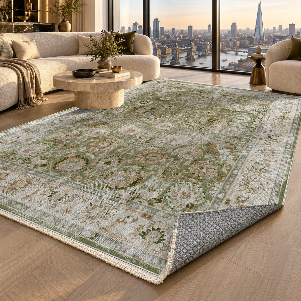 Antique Wash Olive Vintage Washable Rug — london luxury living