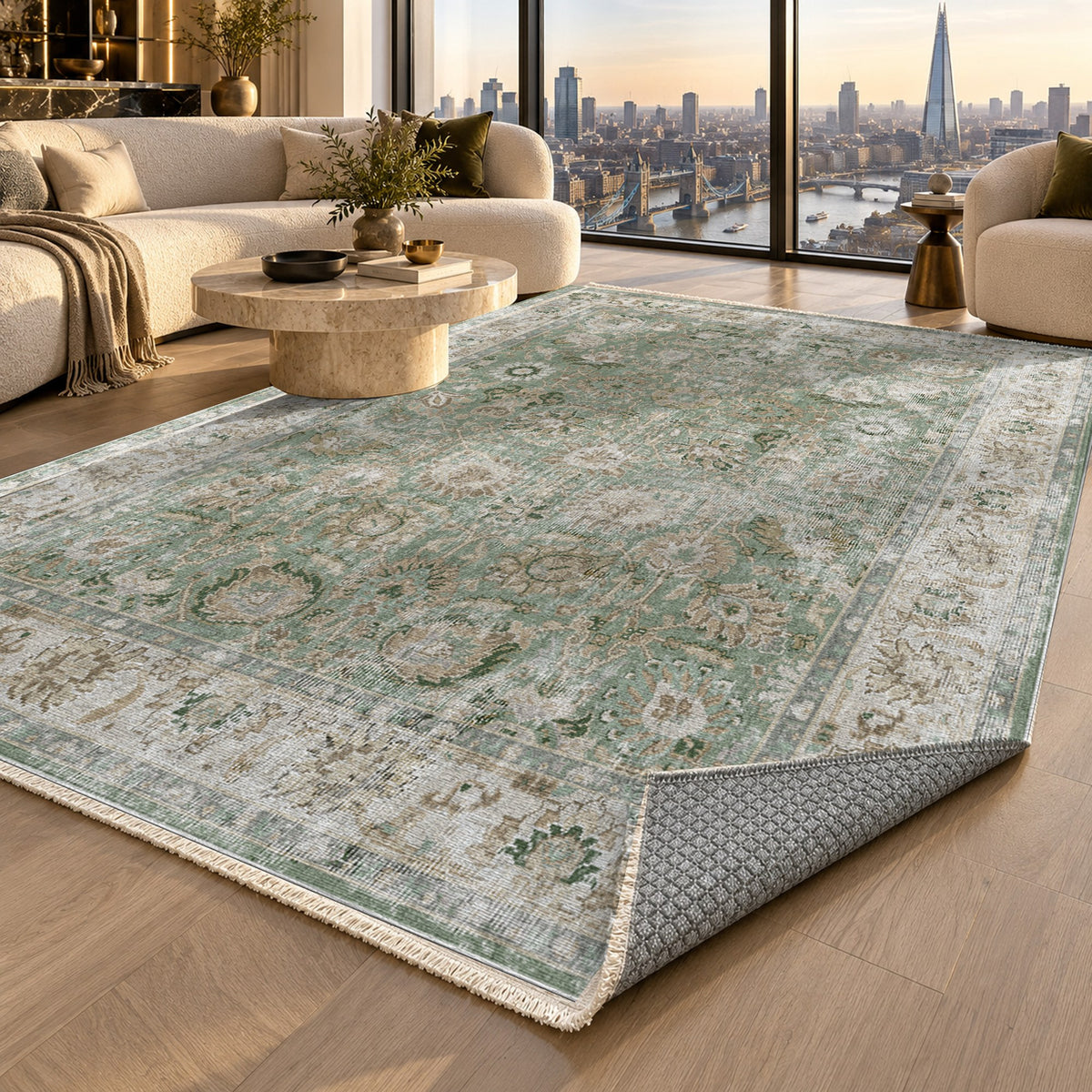 Antique Wash Sage Vintage Washable Rug — london luxury living