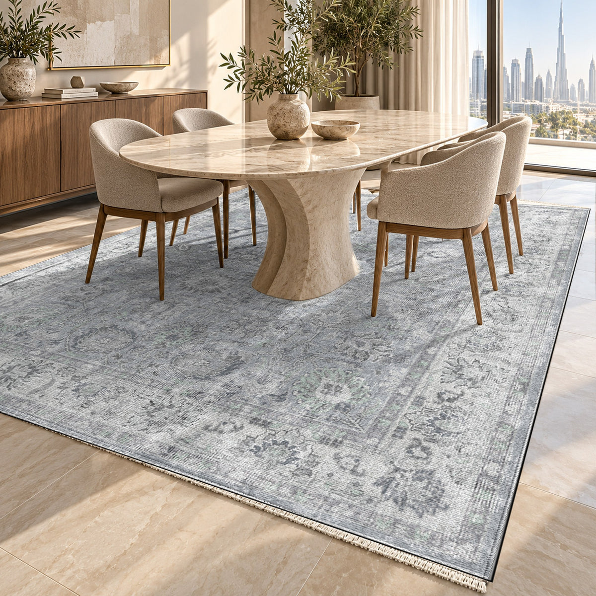 Antique Wash Silver Grey Vintage Washable Rug — dubai dining