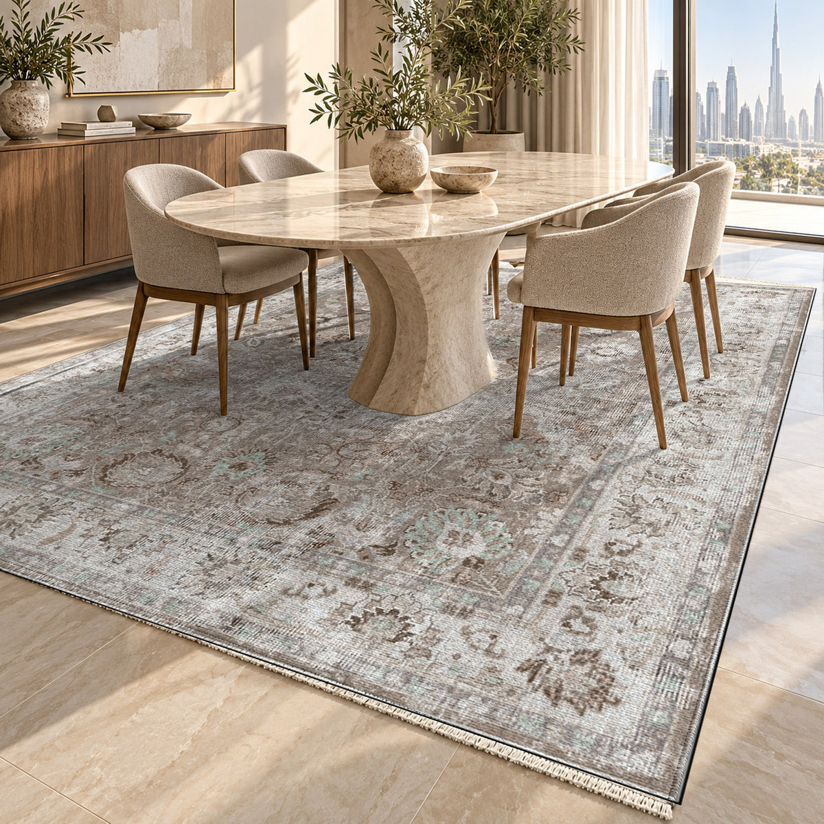 Antique Wash Taupe Vintage Washable Rug — dubai dining