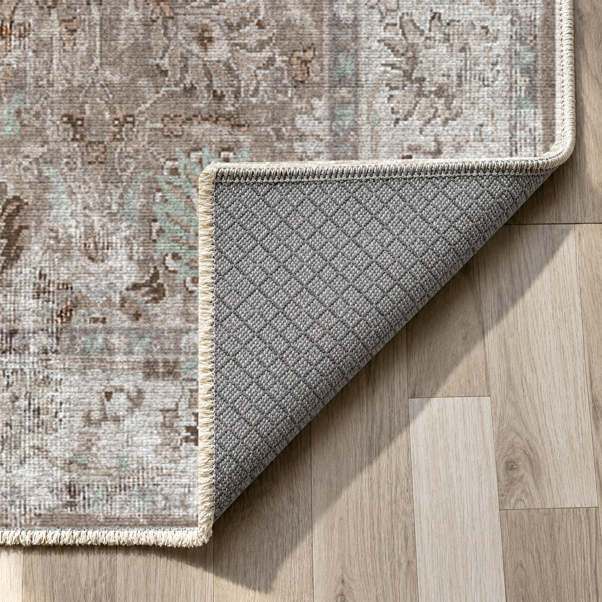 Antique Wash Taupe Vintage Washable Rug — backing close up
