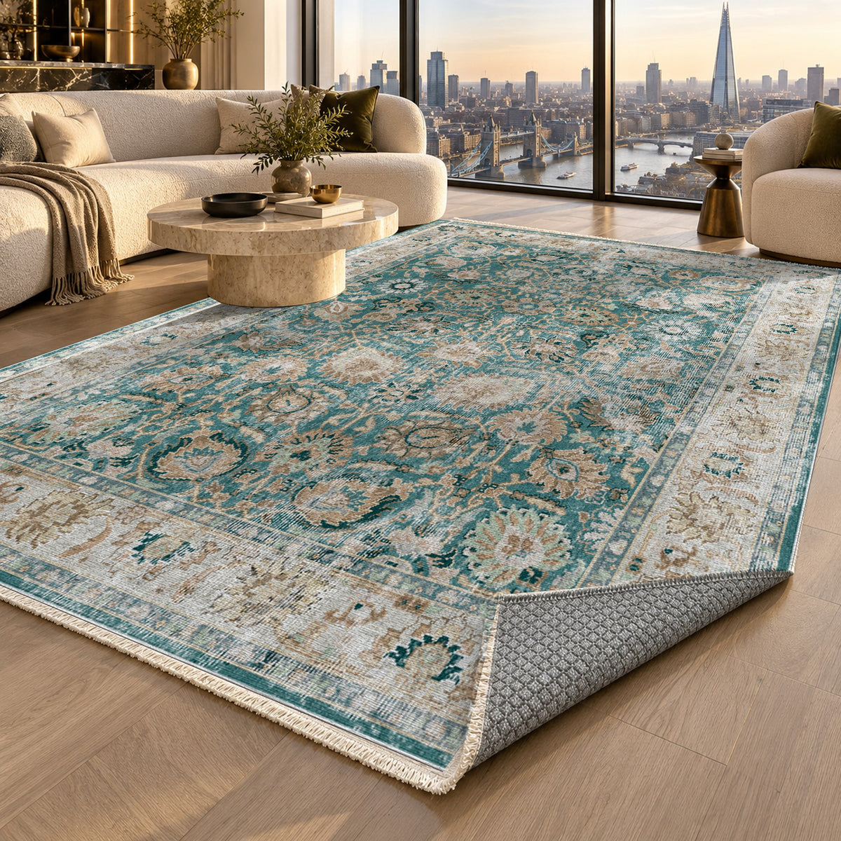 Antique Wash Teal Vintage Washable Rug — london luxury living