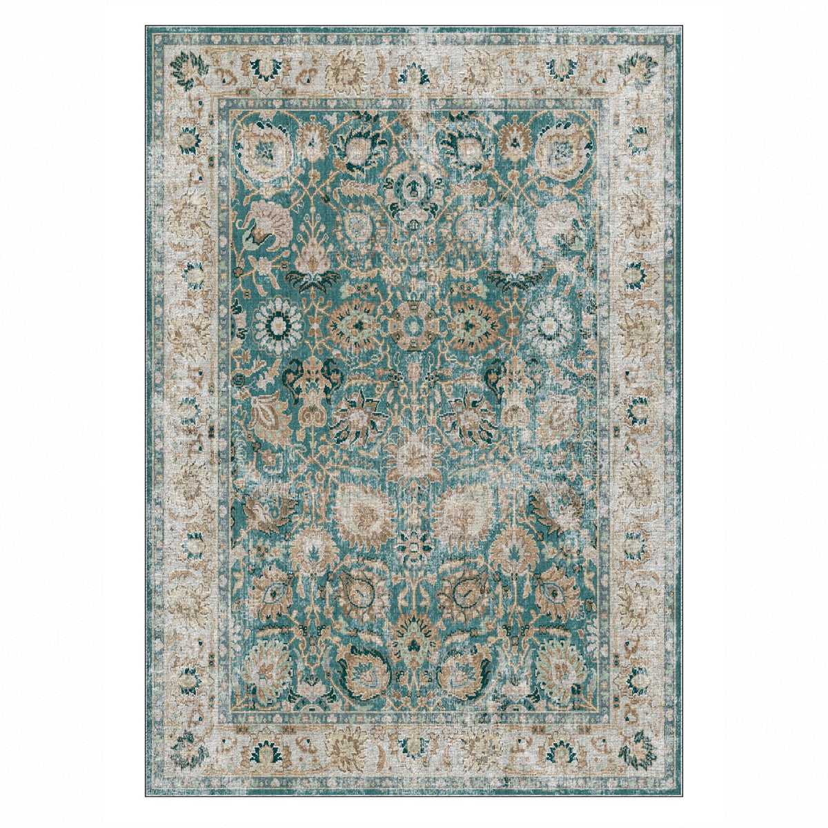 Antique Wash Teal Vintage Washable Rug — top view