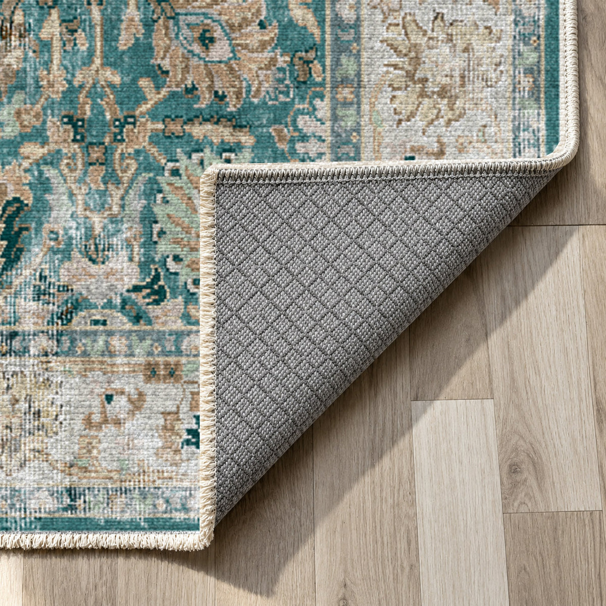 Antique Wash Teal Vintage Washable Rug — backing close up
