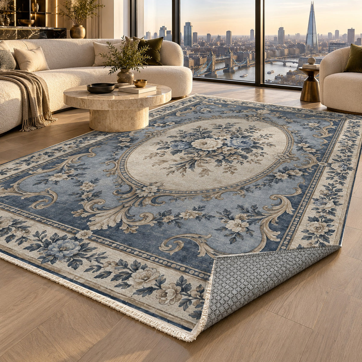 Aubusson Bouquet Blue Ivory Classic Washable Rug — london luxury living