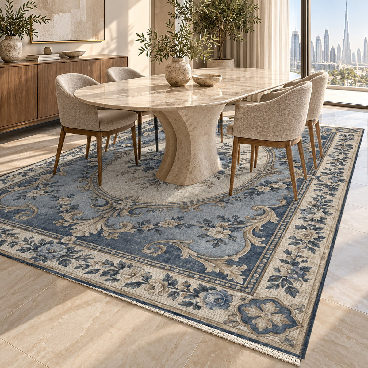 Aubusson Bouquet Blue Ivory Classic Washable Rug — dubai dining