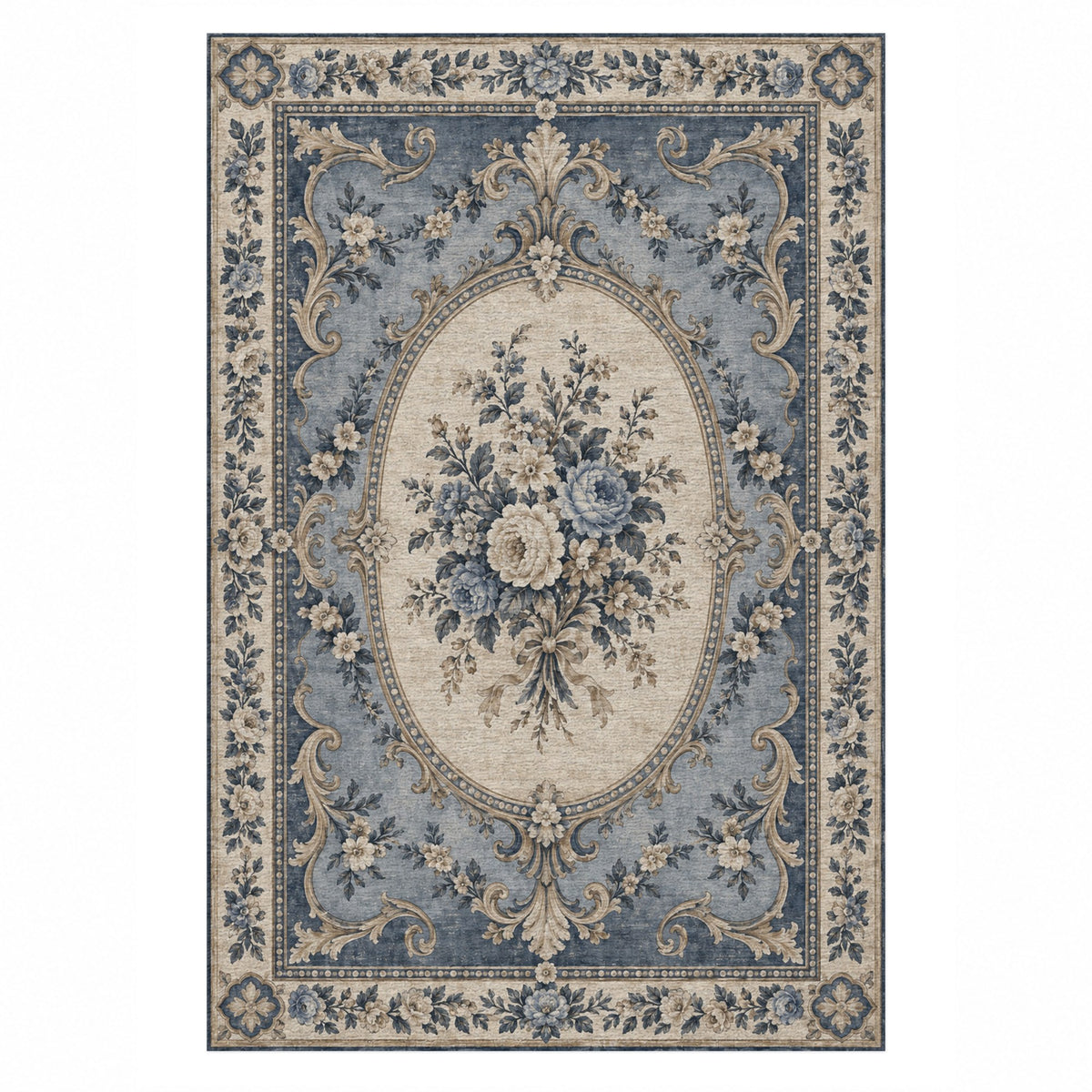 Aubusson Bouquet Blue Ivory Classic Washable Rug — top view