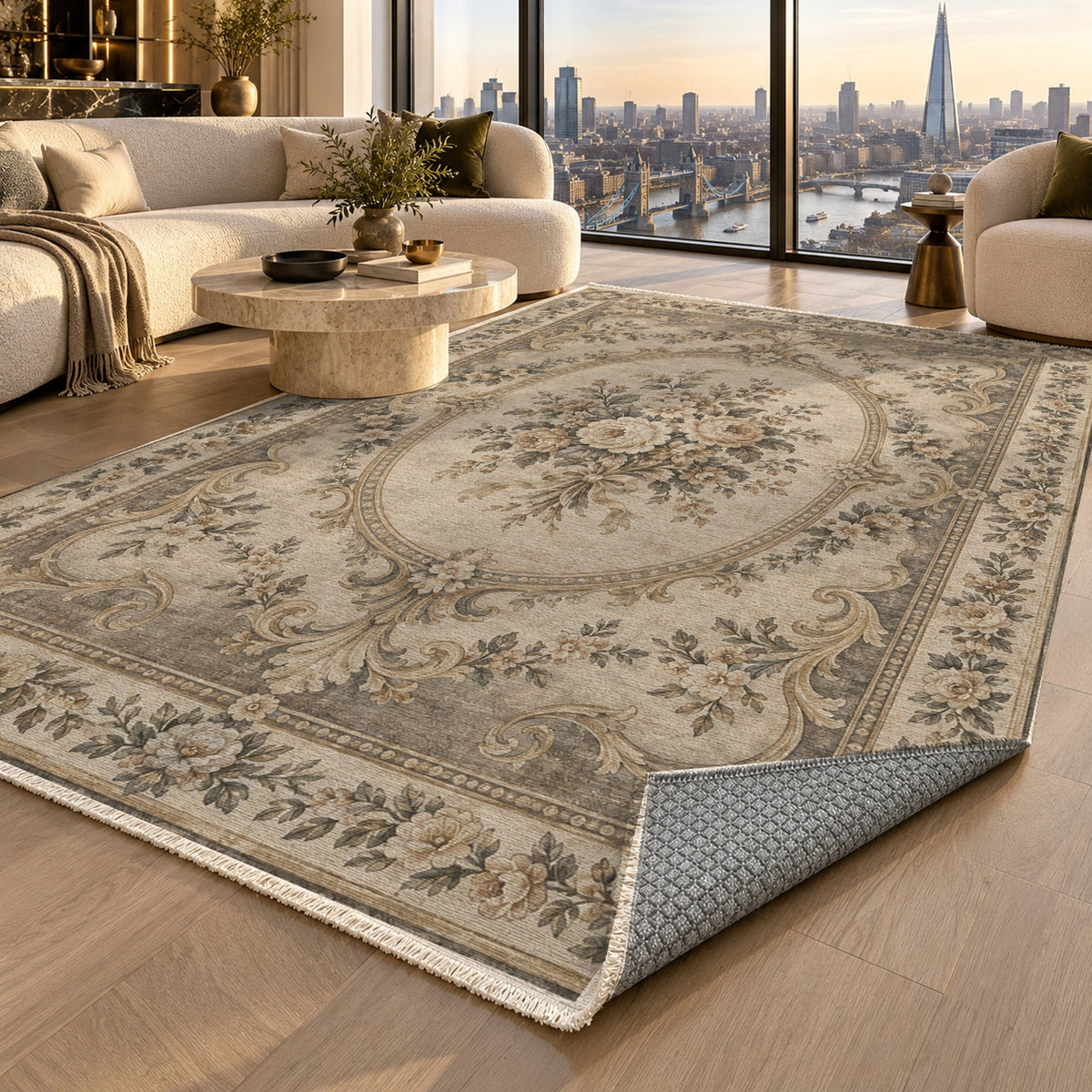 Aubusson Bouquet Ivory Taupe Classic Washable Rug — london luxury living