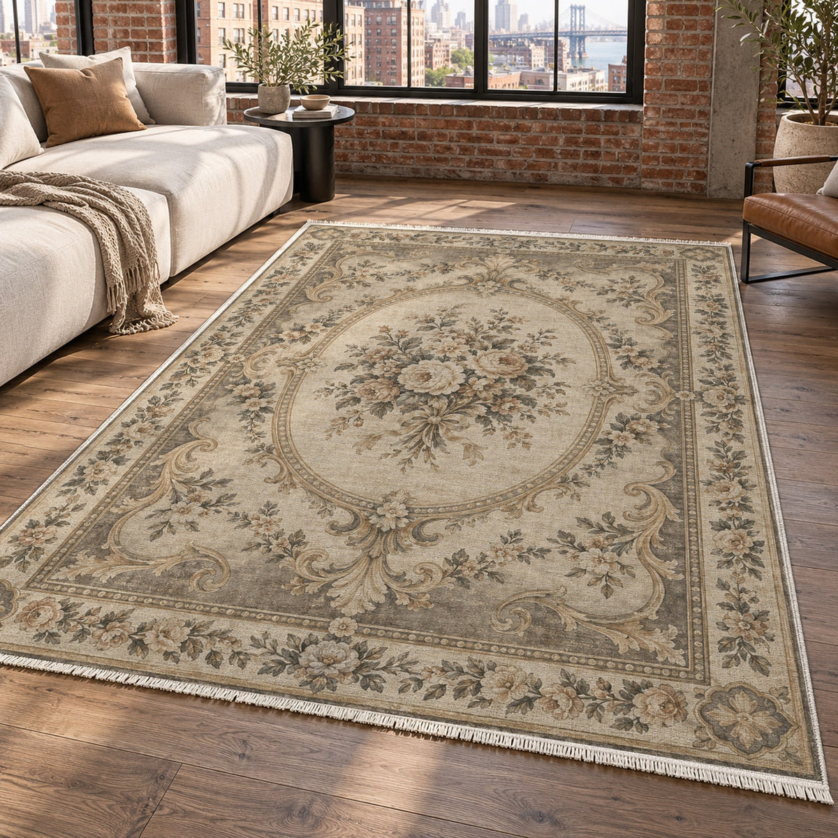 Aubusson Bouquet Ivory Taupe Classic Washable Rug — new york living