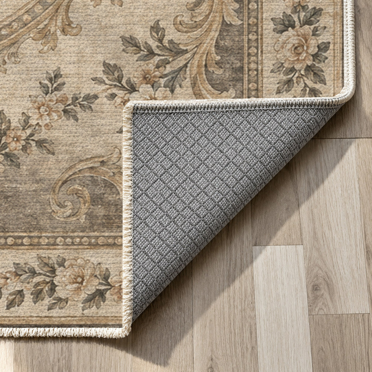 Aubusson Bouquet Ivory Taupe Classic Washable Rug — backing close up